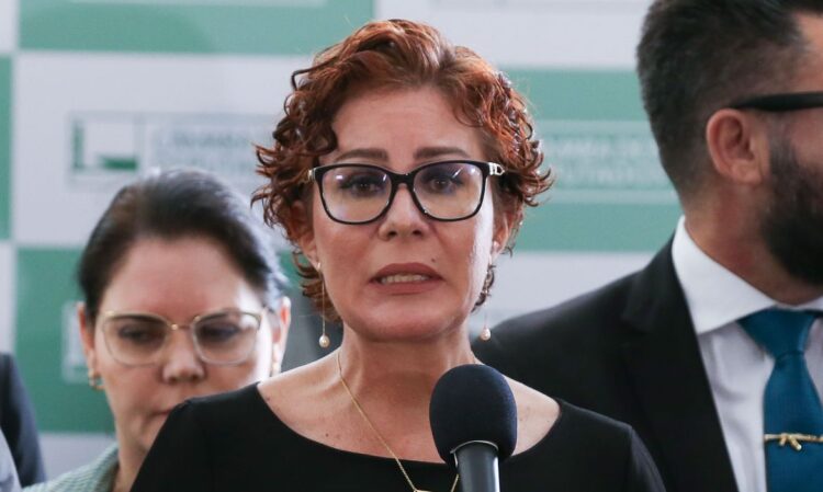 Deputada Carla Zambelli durente coletiva no salão verde da Câmara dos Deputados. 